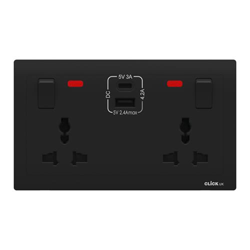 UNIV 13A 2G SW SKT USB A&C NEON BK