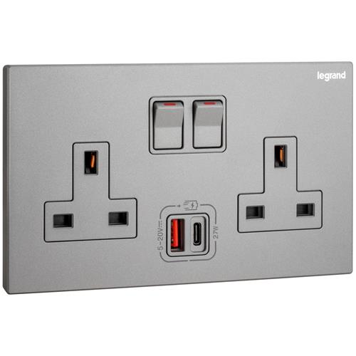 2 gangs 1P+USB A+C 27W charger Dark Silv